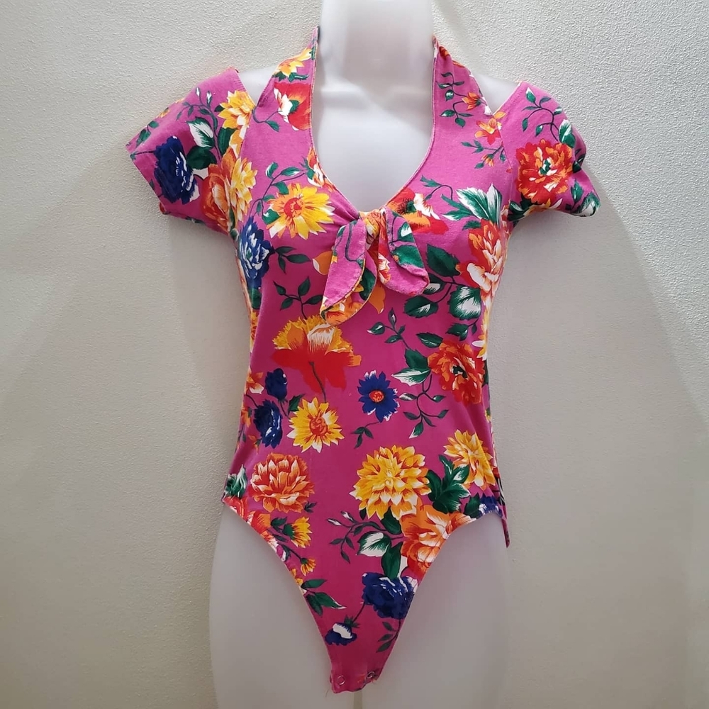 Vintage Bonjour Pink Floral Halter Bodysuit